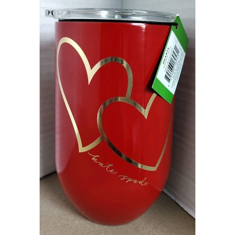 Kate Spade Stainless Steel 16 Oz Tumbler Red Gold Hearts Coffee Cup With Lid